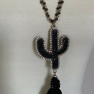 Cactus Black Faced Crystal Tassel Necklace 28"